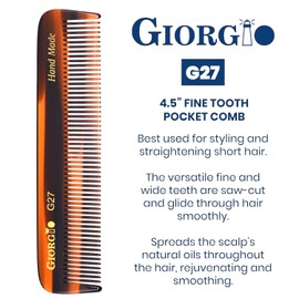 Giorgio G27 Handmade All Fine Tooth Pocket Comb, Hair Comb Straightener for Everyday Grooming Styling Hair, Mustache and Beard for Men Women and Kids, Use Dry or with Balms, Saw Cut and Polished