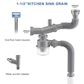 QruiLanTu Garbage Disposal Drain Kit, Kitchen Sink P-Trap 1 1/2, Space Saving, Visible, Clog Resistant, Odor Resistant, Easy to Clean Double Sink Drain