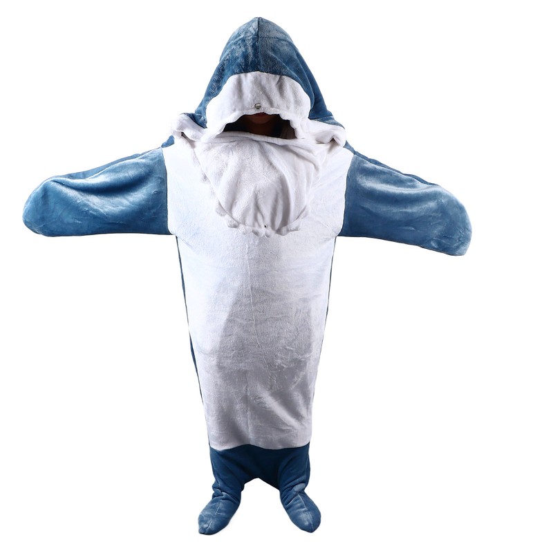 Wearable Shark Sleeping Bag Soft Cozy Flannel Hooded Blanket for