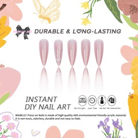 Long Press on Nails Stiletto MABKJLF 3D Silver Curve Line Fake Nails French Tip Nude Pink False Nails with Glitter Designs Sparkly Full Cover Glossy Stick on Nails Glue on Nails for Women Girls 24Pcs