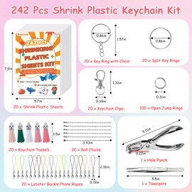 242PCS Shrinky Dink Keychain Kit - Shrink Plastic Sheets with 20pcs Shrink Film Sheets+Tools,DIY Heat Shrink Art Kit for Keychains,Rings,Charms & Crafts - Perfect for Kids & Adults Creative Projects