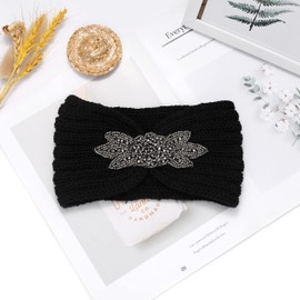 Fashband Winter Knitted Headbands Twist Rhinestones Headband Elastic Ear Warmers Thick Headwear for Women and Girls (Black)
