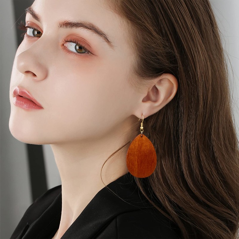 KaFu Dangle Natural Wood Teardrop Geometric Circle Earrings Stainless Steel
