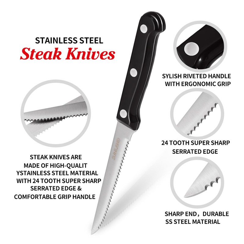 SUNALND Steak Knives Set,Micro Serrated Edge Full Tang Triple Riveted