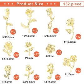 132pcs Rose Charms for Nails Gold 3D Mini Roses Retro Metal Nail Jewels Nail Studs for Acrylic Nails Decoration DIY Craft Making,11 Styles of Rose Flower Nail Charm