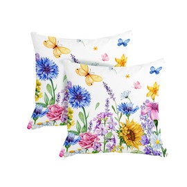Lofaris Floral Throw Pillow Cover - 18x18 Inch Set of 2 Watercolor Wildflowers & Butterflies Decorative Pillow Case for Couch, Sofa Bed Home Decor