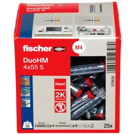 fischer DuoHM 4 x 55 S PZ Cavity Dowels with Metric Panhead Screw and PZ Drive for Attaching TV Brackets, Lights, Wall Shelves, etc. in Panel Building Materials, Pack of 25