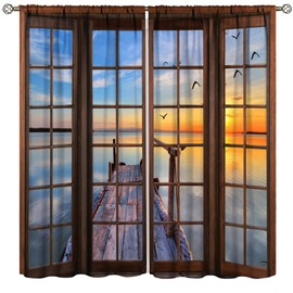 Cortinas de paisaje, cortinas de paisaje 3D de naturaleza para sala de estar, cortina de pájaros de lago de puente rústico, 2 paneles, 42 x 45 pulgadas