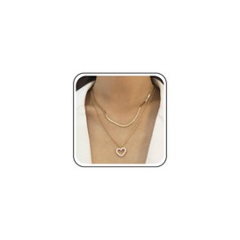 Cimenexe Bohemian Layered Crystal Heart Pendant Necklace Gold CZ Hollow Heart Choker Necklace Flat Herringbone Chain Rhinestone Love Heart Charm Necklace Jewellery for Women Gifts, Zinc, No Gemstone