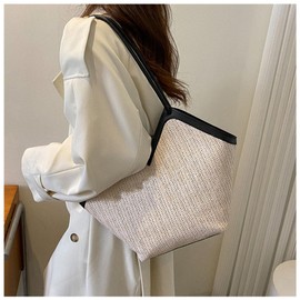 Fdit Underarm Bag Large Capacity Straw Leather Shoulder Bag Elegant Tote Handbag for Women (Black)