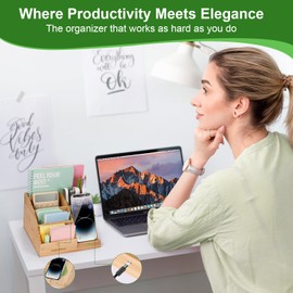 Bamboo Pen Holder for Desk & Nightstand Organizer with Fast Wireless Charging for iPhone, Samsung & More – Office Desk Accessories for Men/Women (Natural)