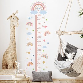 Tabla de crecimiento de altura de dibujos animados en 3D para niños, calcomanía de pared extraíble de arco iris rosa para despegar y pegar estrellas y nubes blancas, decoración de pared para