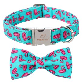 Babole Pet Dog Collars with Bow Tie,Green Flamingo Dog Collar with Safety Metal Buckle Adjustable Puppy Collars for Small Medium Large Dog,Boy&Girl Dog Collar Gift,M-Neck 13.5"-22"