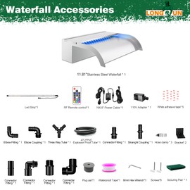 LONGRUN Pool Fountain Stainless Steel Outdoor Pond Spillway Waterfall with Wider Water Flow Platform Multi-Color LED Light Spray Indoor Waterfall Fountains for Garden-11.8"