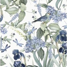 Floral Wallpaper Peel and Stick Blue Flower Contact Paper 16.9inch x118.1inch Vintage Wall Paper Floral Bird Wallpaper for Cabinets Shelf Liner Removable Decor Waterproof White and Blue Vinyl