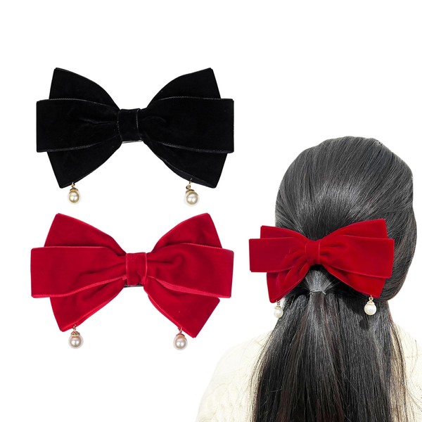 Lot de 2 barrettes à cheveux avec grand nœud - Pour femmes et filles (noir, rouge)
