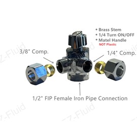 EZ-Fluid 1/2" Fip X 1/4"Comp X 3/8"Comp 1/4 Turn Dual Outlets Heavy Duty Chrome Brass Angle Stop Valve Water Shut Off Ball Valve (1)