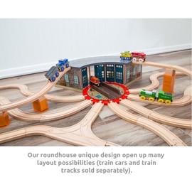 Orbrium Wooden Railway 5 Engine Bays, Rooftop Rails Full Size Roundhouse with 14-Ways Turntable Compatible with Thomas & Friends Brio Imaginarium Melissa Doug Engine Shed