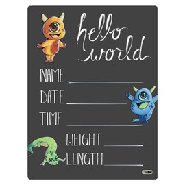 Cohas Hello World Newborn Baby Announcement Chalkboard Sign with Monster Theme, 5 by 7 Inches, No Marker