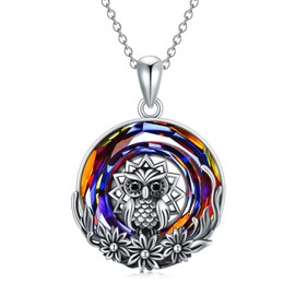 Owl Sunflower Necklace 925 Sterling Silver with Crystal Oxidize Owl Jewelry Lovers for Women