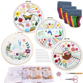 Beginners Embroidery Stitch Practice kit, 4 Sets Embroidery Starter Kit to Learn 30 Different Stitches for Craft Lover Hand Stitch with Embroidery Fabric,Learn Embroidery Skill (Rainbow Animal)