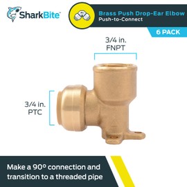 SharkBite 3/4 Inch x 3/4 Inch Drop Ear Elbow, Pack of 6, FNPT, Push to Connect Brass Plumbing Fitting, PEX Pipe, Copper, CPVC, PE-RT, HDPE, U340LF