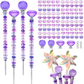 101 PCS Beaded Garden Stakes Kit, DIY Fairy Wand Garden Stake Beads Kits with Purple Large Hole Beads 4 Crystal Stopper Top Threaded Rods and 2 Colored Small Windmills for Outdoor Indoor Decor