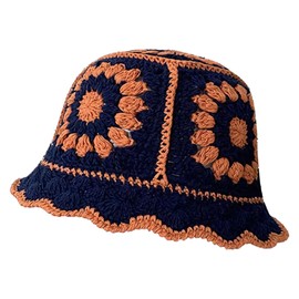 Crochet Hat Women Men Soft Knit Handmade Cute Flower Pattern Foldable Beach Hats Trendy Fisherman Cap Hiking (Navy Blue)