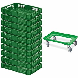 10 Euro Containers, L x W x H 600 x 400 x 90 mm, Industrial Quality, Food-Safe + 1 Transport Roller, Green