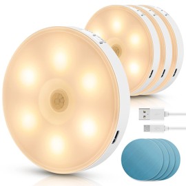 Aigostar 4 Stück 3000K Nachtlicht Kinder mit Bewegungsmelder, Selbsthaftende Schrankbeleuchtung Aufladbar USB, 0.5W Nachtlampe für Kinderzimmer, Schlafzimmer, Treppe, Flur, Badezimmer, Küche