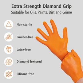 Nitrile Industrial Gloves - Diamond Texture for Better Grip, Non-Sterile, Hypoallergenic, Ambidextrous, Versatile, Disposable, Bulk Pack, 8.5g Thickness, Large, Orange, 50 Pack - Industrade