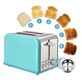 OVENTE 2 Slice Toaster, Extra Wide Slot with 6 Toast Settings, Stainless Steel Body and Removable Crumb Tray, Compact Countertop Toaster for Bread, Muffin, Croissant, Bagel, Waffles, Turquoise TS2450T