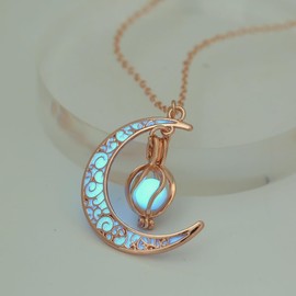SIewee Fantasy Glow in the Dark Crescent Moon, Heart, and Flower Necklaces - Jewelry Charms Pendants for Women - Fairy, witches, Space Necklace (Rose gold Sky blue)