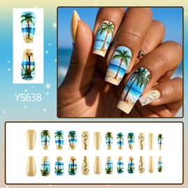 Medium Square Press on Nails Summer Fake Nails with Coconut Tree Design Blue Beach Glue on Nails Full Cover Glossy Yellow Stick on Nails Reusable Artificial False Nails for Women Girls Manicure 24Pcs