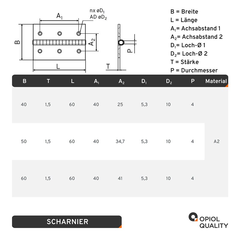 OPIOL QUALITY® Hinge punched 60 x 60 mm made of
