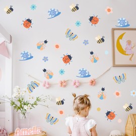 Insects and Flora Wall Decal, Flower Butterfly Wall Decor Stickers，Removable Bumblebee, Ladybug, Snail, Colorful Flower Art Stickers, Boy Girls Room Bedroom Daycare Playroom Decor.