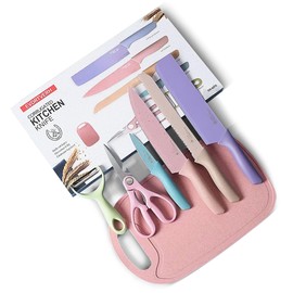 Colorful Kitchen Knife Set of 6 Pcs - Premium Quality, Dishwasher Safe, Carbon Steel Pastel Chef Knives Set without Block - Ideal for Camping and Kitchen Use, Cutting Board