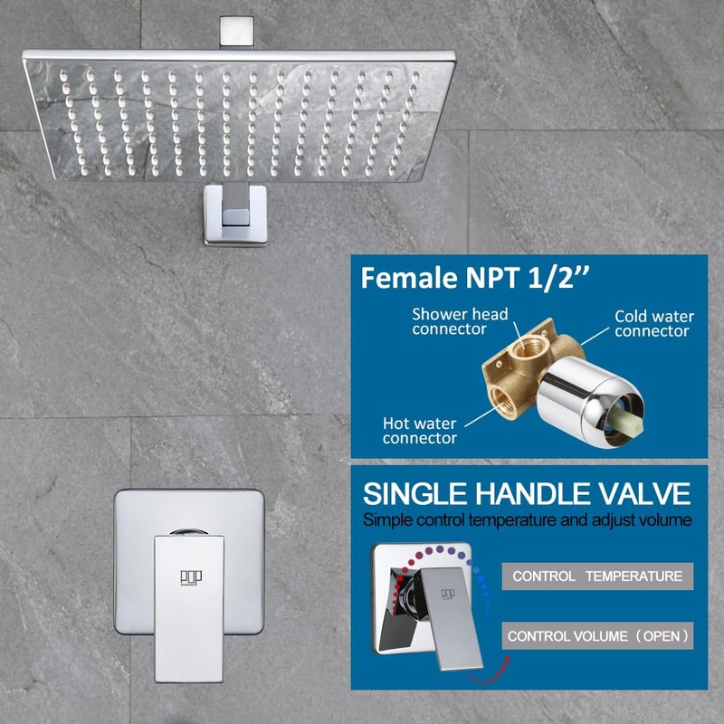 Shower Faucet Set Chrome Rainfall 12“ Rectangle Stainless Steel Shower