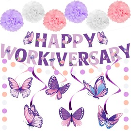 14pcs Purple Work Anniversary Decorations Purple Butterfly Happy Workiversary Banner Happy Work Anniversary Banner Hanging Swirls Pompoms Circle Dots Garland for Employee Appreciation Decorations