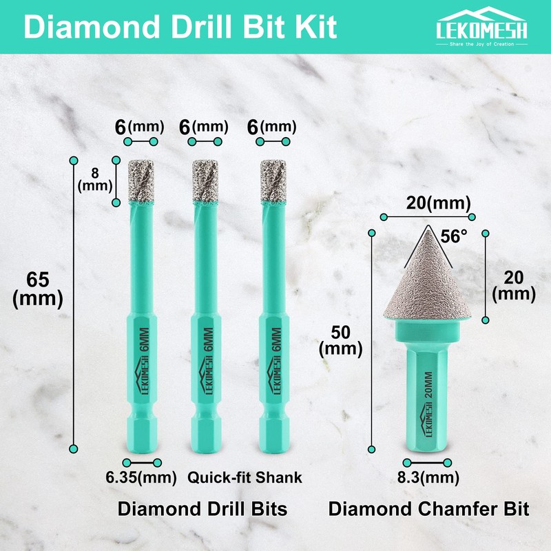 LEKOMESH Diamond Core Drill Bits Set 4pcs Tile Hole Saw