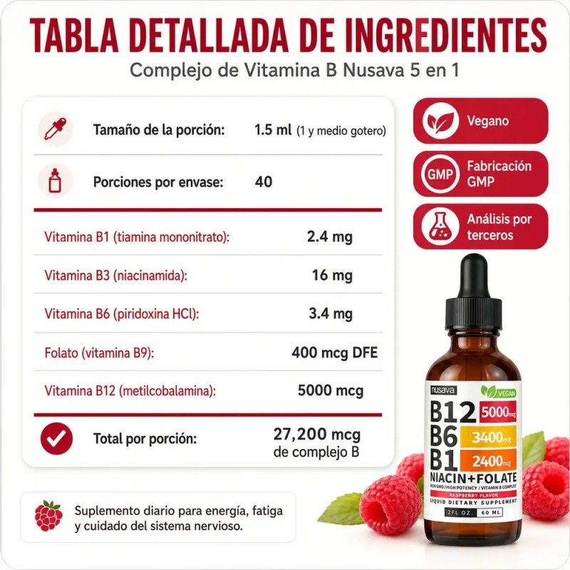 Elfleaf Nusava Vitamina B12,b6 Y B1 Gotas Liquidas 60ml, Complejo