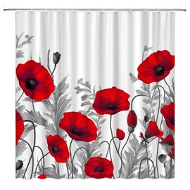 AMFD Red Gray Floral Shower Curtain Elegance Poppy Black White Retro Abstract Flower Gray Plant Leaves Home Fabric Bathroom Curtains Decor Set Include Hooks,(70" WX70 H)