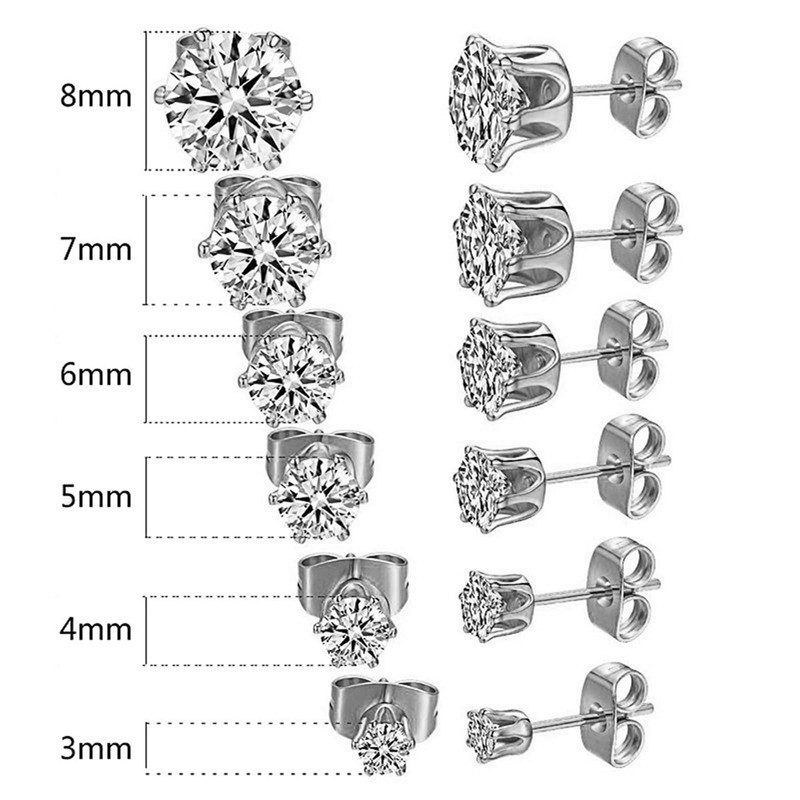 6Pcs Stud Earrings Set Hypoallergenic Cubic Zirconia Stud Flat Back