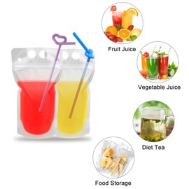Ucio 100 Pcs Drink Pouches with 100 Straw Holes, Freezable Juice Pouches, Translucent Reclosable Zipper Plastic Pouches Drink Bags for Cold & Hot Drinks for Adults and Kids