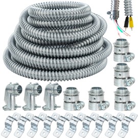(1/2" Dia * 50 Feet) Yariwiz Flexible Steel Electrical Conduit Steel Conduit Kit with 5 PCS Coupling, 3 PCS Elbow and 10 PCS Strap, S-LCCK-0.5-50FT-KIT
