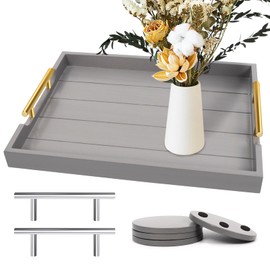 SXNOWS Wood Serving Tray with 2 Sets of Handles,Large Ottoman Tray for Living Room, Wooden Tray for Coffee Table, Modern Farmhouse Living Room Kitchen Decor, 4 Round Coasters Included,Gray