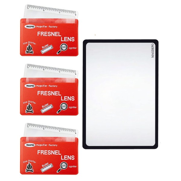 MAGDEPO 3X Card Size Magnifying Lens 3.5" X 2" with Ruler Scale & Lens Protective Case, Fresnel Magnifier Fire Starter Compact for Seniors Reading Maps, Menu, Small Texts on Bottle - 3 Pack (Red)