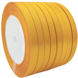 Satin Ribbon 1/4 inch for Gift Wrapping 200 Yards Assorted Thin Fabric Bow Ribbons for Crafts & Hair 6mm Skinny Solid Flower Bouquet Ribbon Bulk for Christmas-Party & Home Decoration (17 Gold)