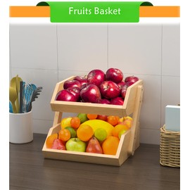 FoverOne Bamboo Fruit Basket for Kitchen Counter, 2 Tier Fruits Organizer Vegetable Storage Baskets, Countertop Potato and Onion Holder