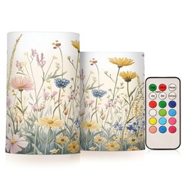 ALAZA Wildflowers Meadow Flower Vintage Cottagecore Flameless Candles Flickering LED Candles with Remote Timer Battery Operated Pillar Candles Set of 2 for Dinner Holiday Decor